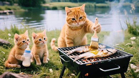Father cat and children fry fish in the countryside. Ai stories