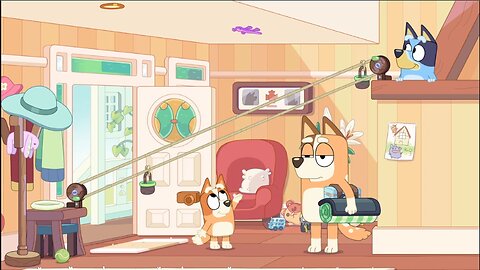 (Bluey, Bingo, and their mum Chilli are playing Sticky Gecko rubber plush toy)