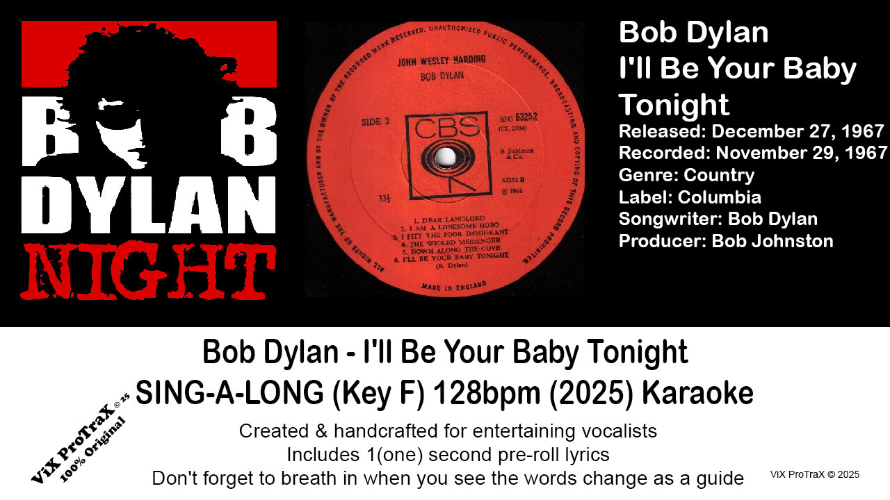 Bob Dylan - I'll Be Your Baby Tonight SING-A-LONG (Key F) 128bpm (2025) Karaoke