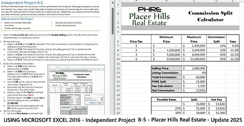 USING MICROSOFT EXCEL 2016 - Independent Project 8-5 - Placer Hills Real Estate (Full answer 2025)