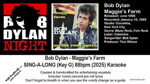 Bob Dylan - Maggie’s Farm (Key G) 88bpm (2025) Karaoke