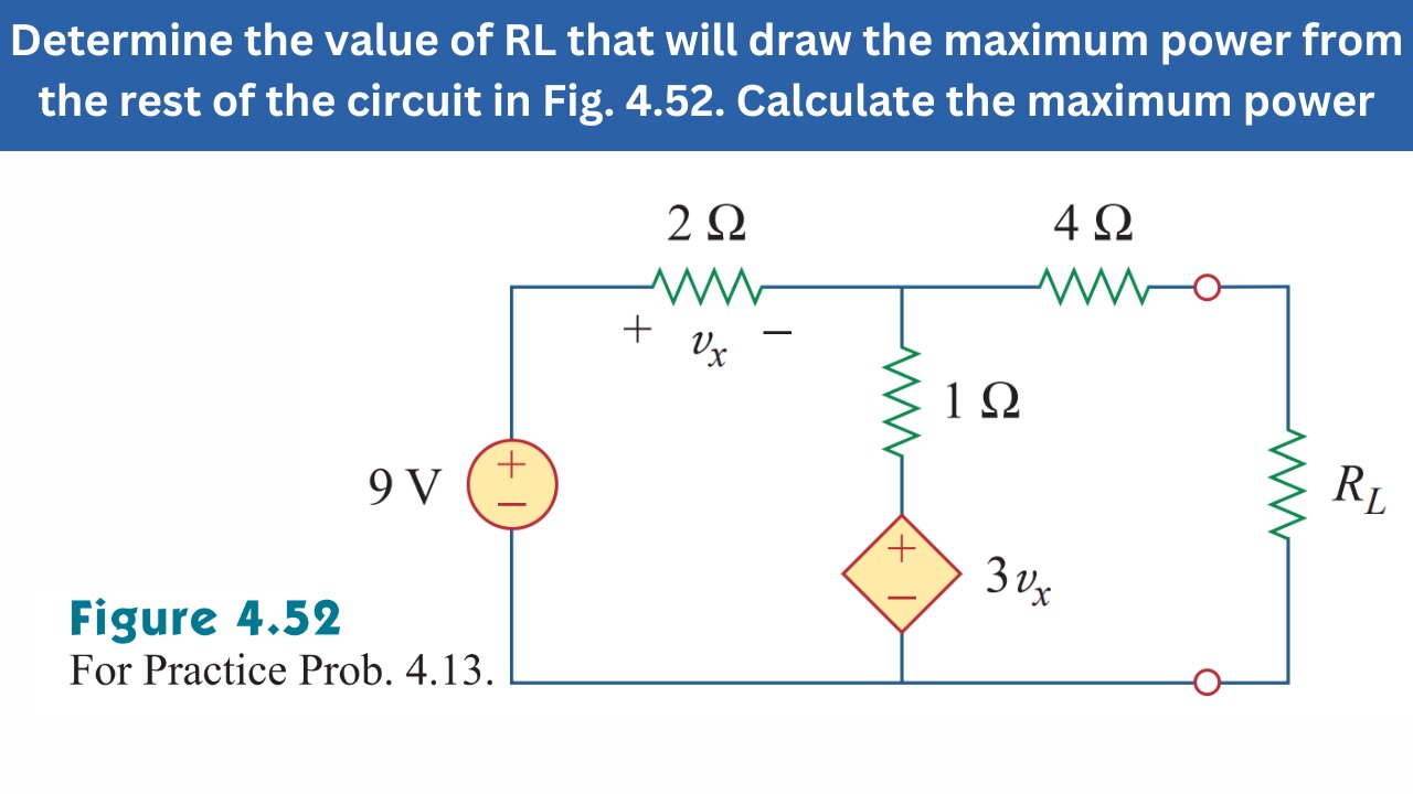 Practice Prob 4.13 | Find the value of RL for maximum power transfer Fig 4.52 | FEC 4th Edition