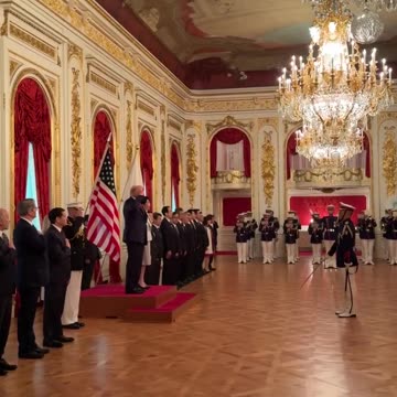 Welcome ceremony by Japan's first female PM at Akasaka Palace for US President Trump
