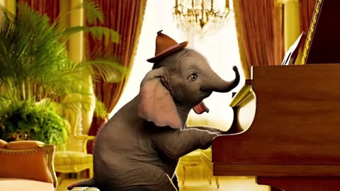 Adorable Baby Elephant Plays Piano in Living Room Wearing a Tiny Hat