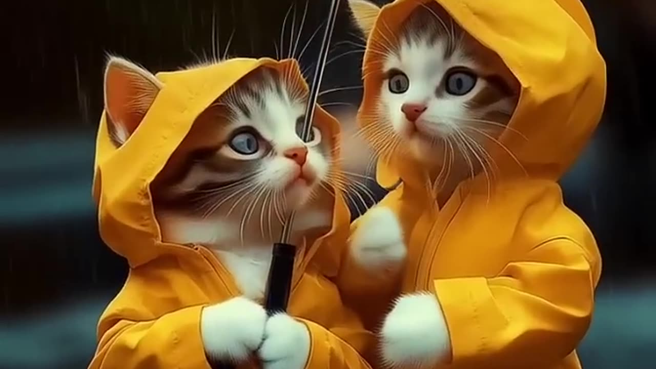 Cute cats in the rain wearing adorable raincoat