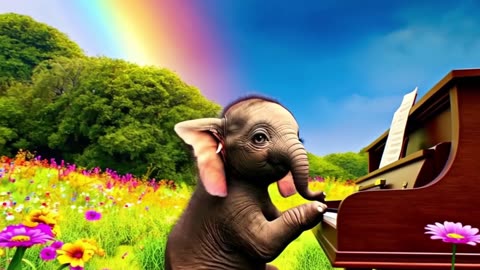 Adorable Baby Elephant Plays Piano in a Flower Field with Rainbows