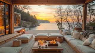 4K Quiet Jazz Melody on Lakeside Balcony ☕ Cozy Sunset Ambience with Gentle Waves for Relaxation.