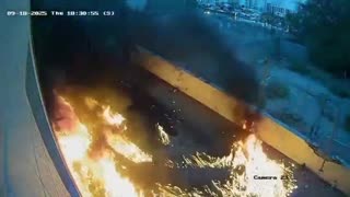 Surveillance camera footage shows the moment an explosive drone struck a hotel