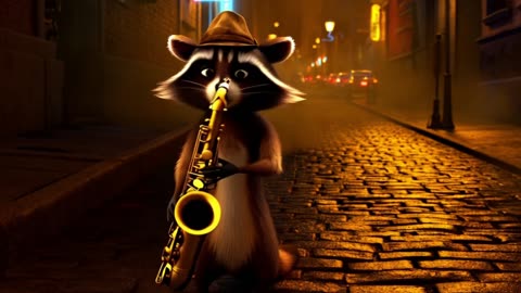 Street Jazz Raccoon: Saxophone Serenade in a Smoky Alley