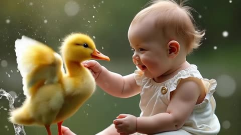 Baby and duckling love is pure and natural