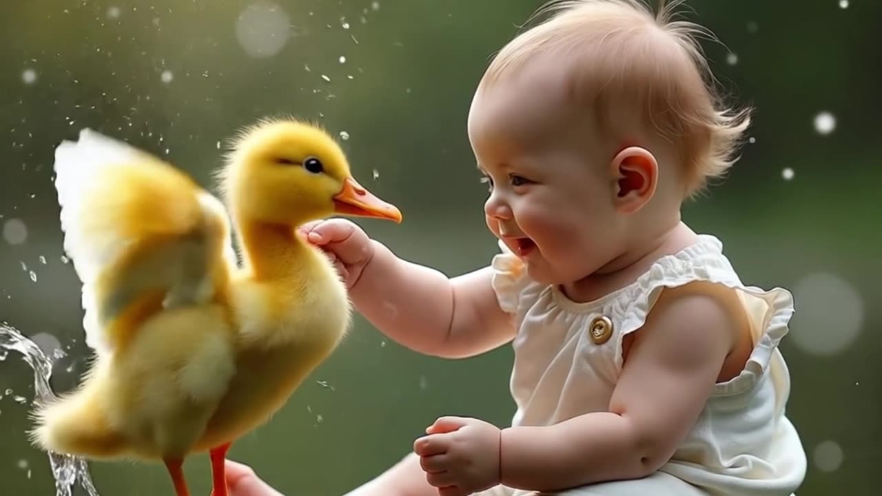 Baby and duckling love is pure and natural