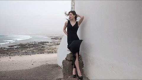 Cinematic portrait video beautiful Italian actress in Slit dress and high heels canary islands 4K
