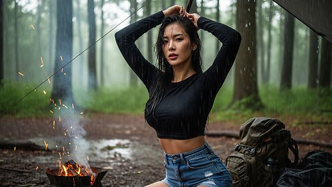 BEAUTIFUL GIRL SOLO CAMP IN THE FOREST HEAVY RAIN ASMR