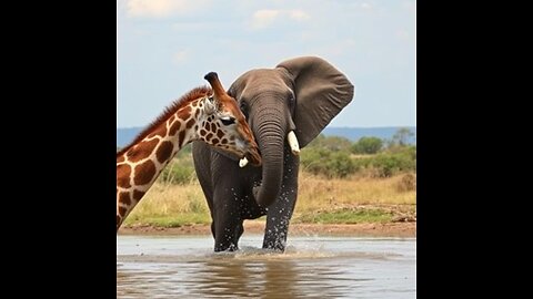 The struggle for survival unfolds as a giraffe and an elephant face off for water