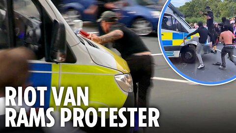 Moment police riot van RAMS protester as thugs encourage each other to attack police