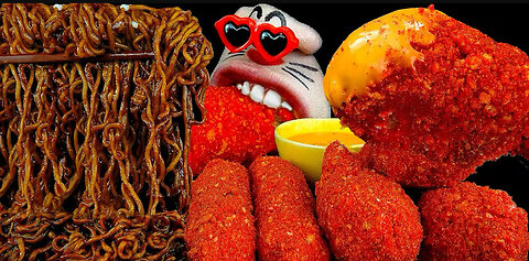 ASMR, black bean noodles, Cheetos chicken and Cheetos cheese stick