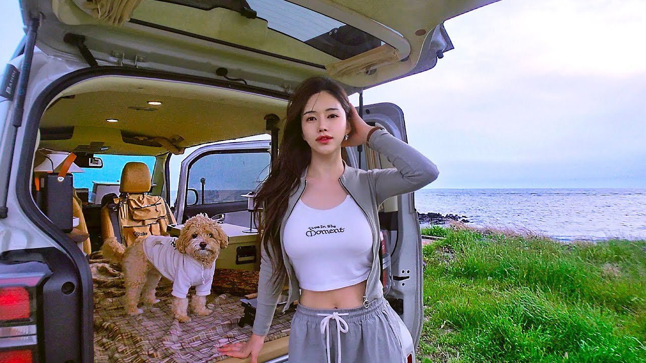 Camping in a Ray Campervan with a dog in front of the blue sea