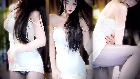 Dancer in beige halter bodycon, shiny black stockings, hot moves, white underwear revealed