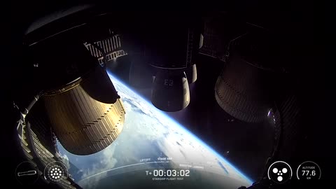 Footage of Space X's Starship's Raptor engines igniting during hot-staging separation
