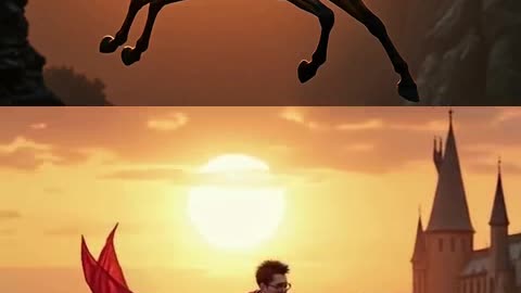 "Harry Potter voando em um cavalo mágico
