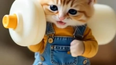 "Cutest Kitten Ever in Overalls with a Milk Bottle! 🐾💛"