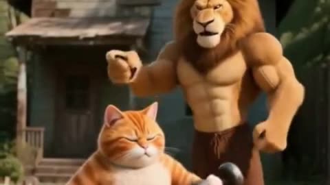 the kitten's motivation to exercise grew at the sight of the Lion