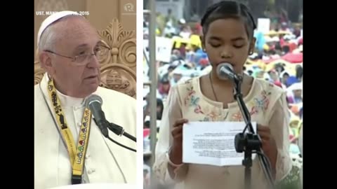 Pope Francis comforts a filipino child that asks why children have to cry and suffer