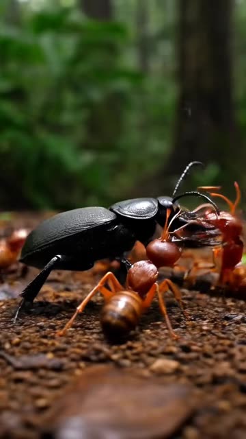 Army ants fighting beetle