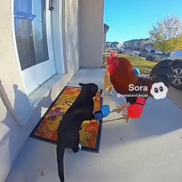 Chicken vs 2 cats door camera