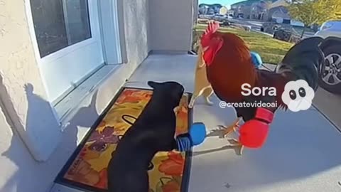 Chicken vs 2 cats door camera