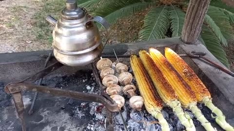 Charcoal Grilled Corn, Charcoal Grilled Mushrooms