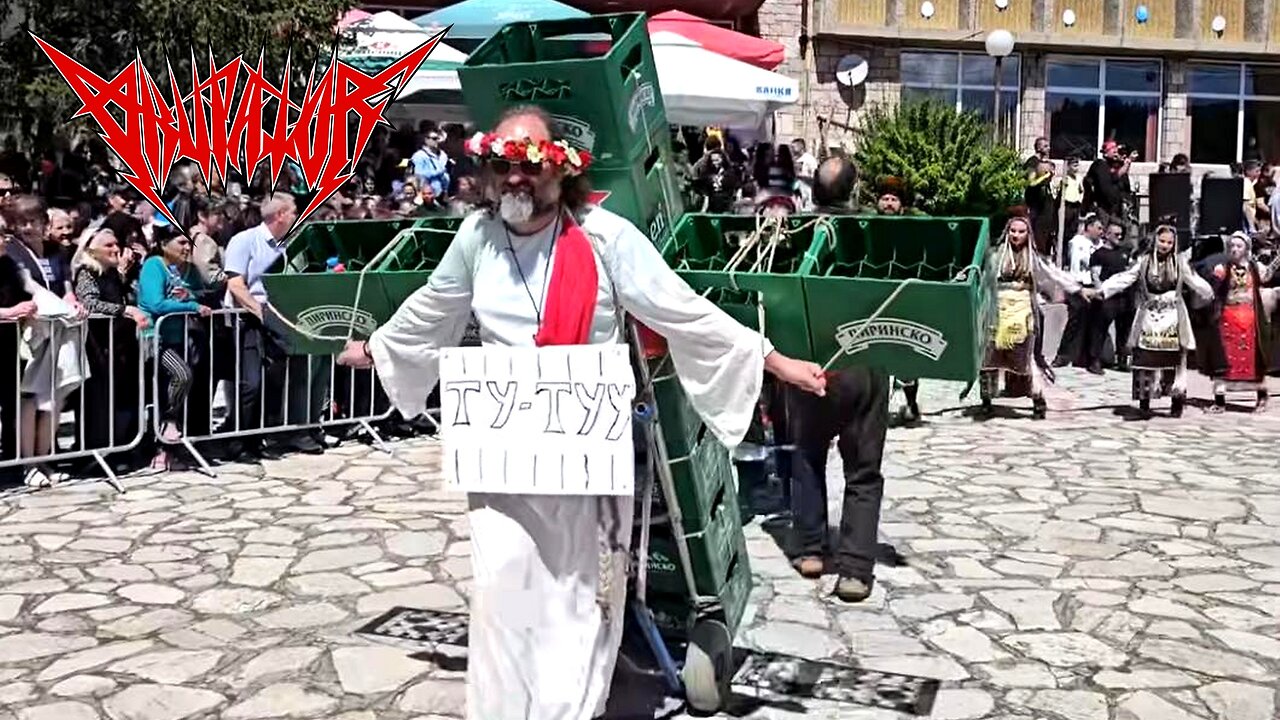 A crazy man dressed as Jesus Christ carries a cross made of beer crates on Easter. Song by OKUPATOR