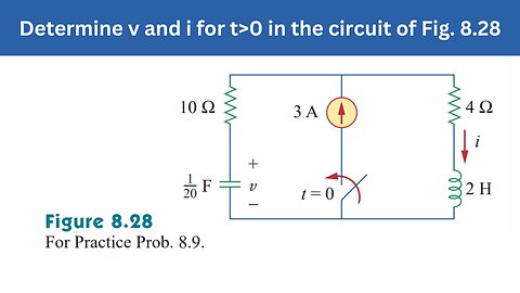 Practice Prob 8.9 | Determine v and i for t>0 in the circuit of Fig. 8.28 | FEC 4th Edition