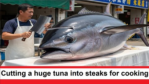 Cutting a huge tuna into steaks for cooking