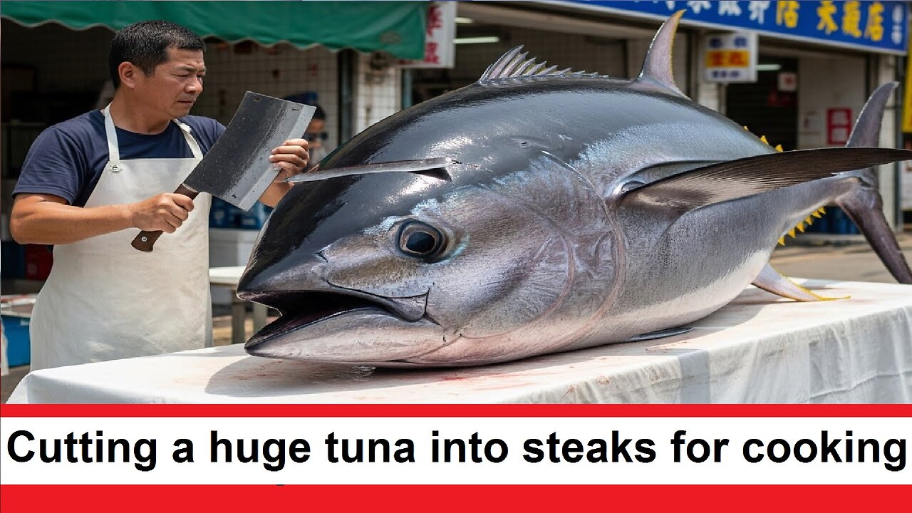 Cutting a huge tuna into steaks for cooking
