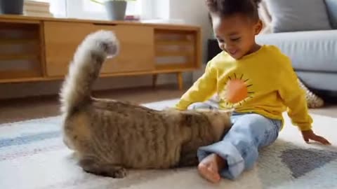 A cat playing with a child