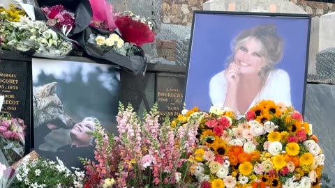 Brigitte Bardot's grave covered in flowers in seaside cemetery