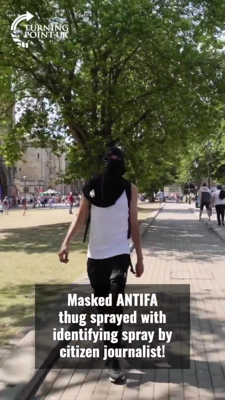 Masked ANTIFA thug sprayed with criminal identifying spray after he tried to intimidate