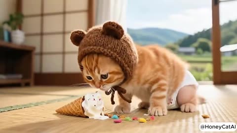 The Ginger Kitten discovers that her little brother has a sore throat from eating too much ice cream