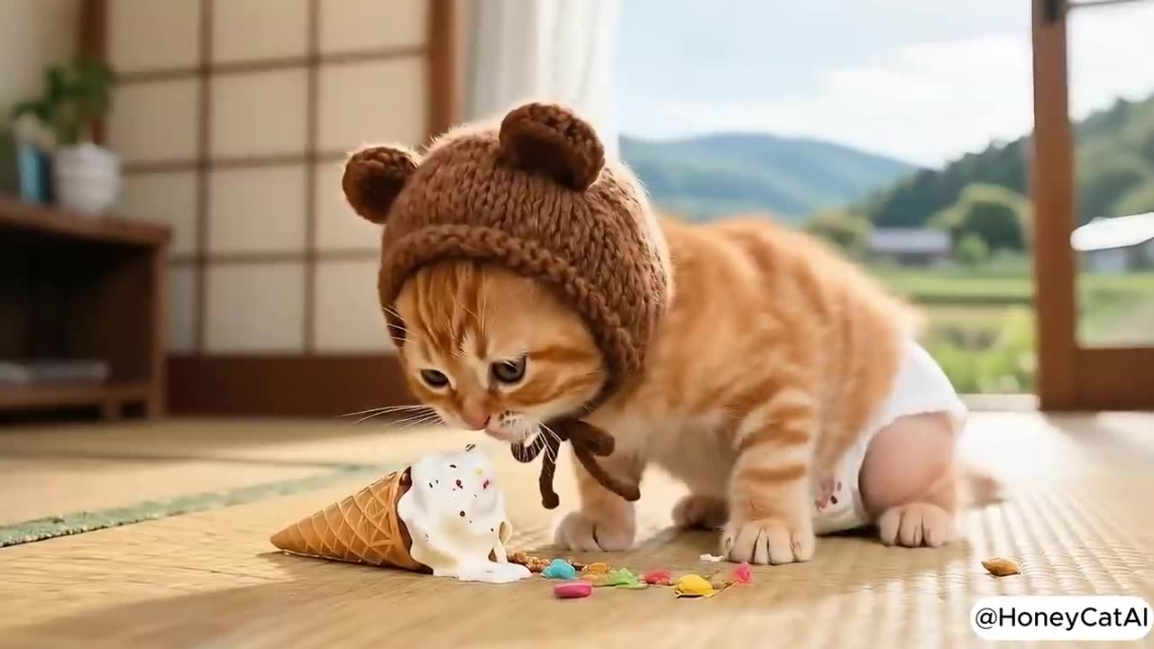 The Ginger Kitten discovers that her little brother has a sore throat from eating too much ice cream