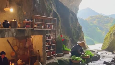 mountains Kitchen with Flowing Stream.