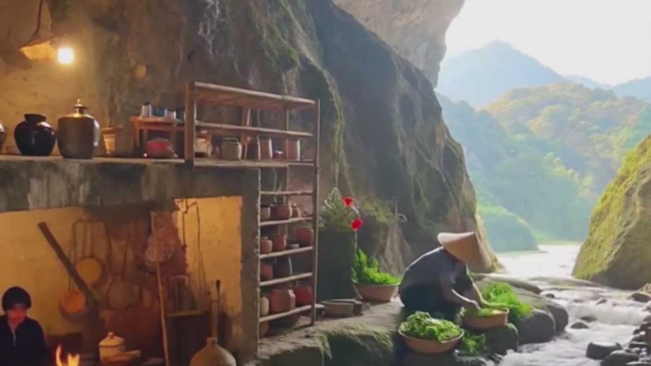 mountains Kitchen with Flowing Stream.