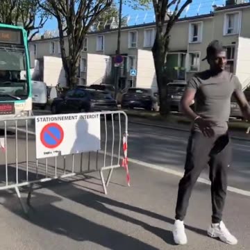 In France he stops everything because he wants to dance on roadway.