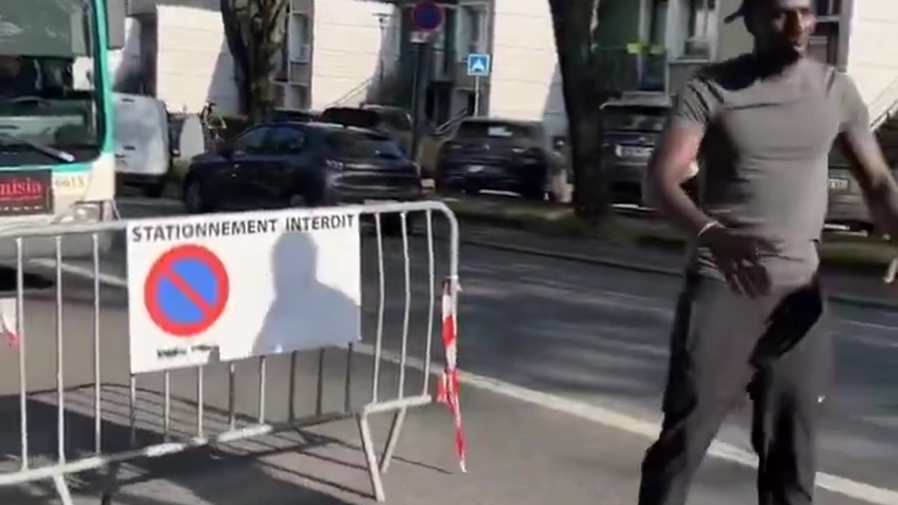 In France he stops everything because he wants to dance on roadway.