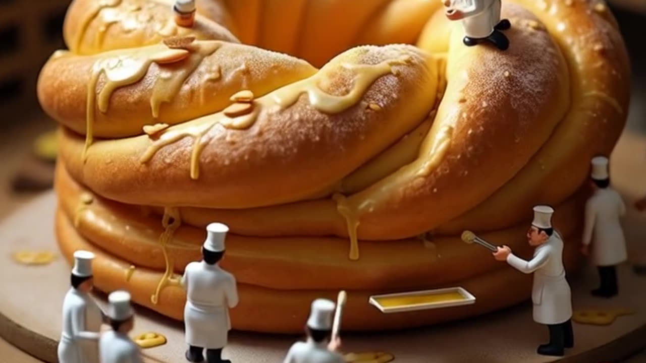 Giant Danish Pastry Crafted by Tiny Chefs – A Magical Baking Scene