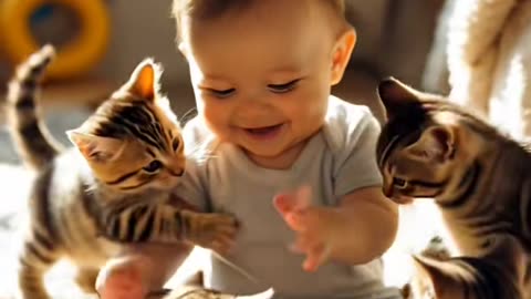Cute baby playing with cats