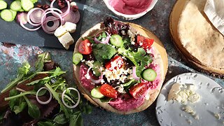Easy Mediterranean No Cook Meal. Flatbread with Hummus and Vegetables