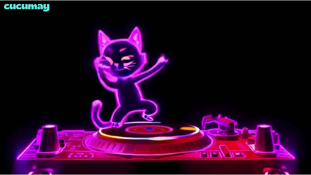 A playful cartoon cat jumps onto a DJ turntable