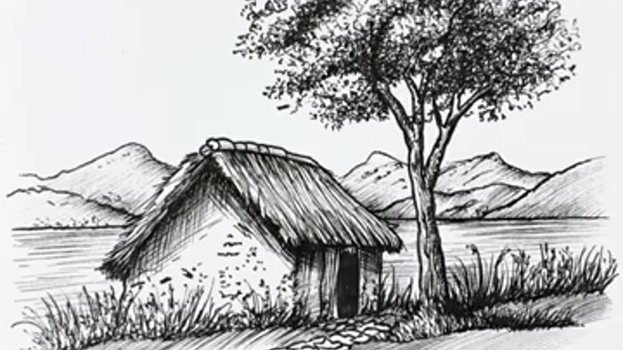 Beautiful Pen Sketch of Countryside Scenery with Trees Huts and Mountains