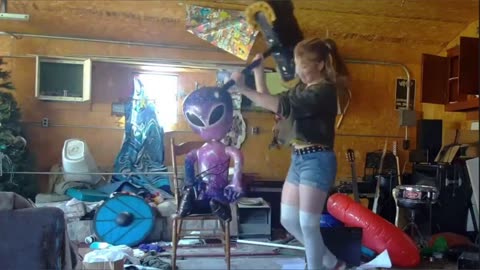 Chairy testing her arsenal of weps on her hostage